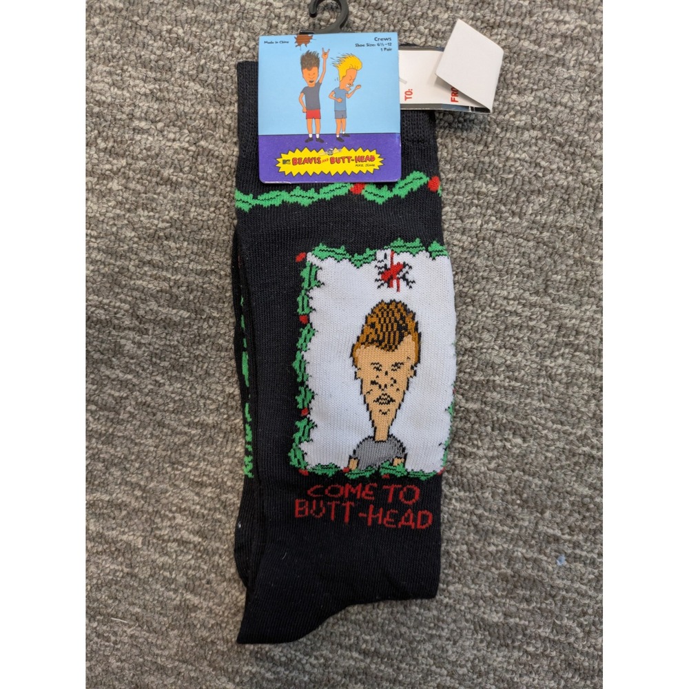 NEW Beavis and‎ Butt-Head Crew Socks Men's 6.5-12 Black Christmas Holiday MTV